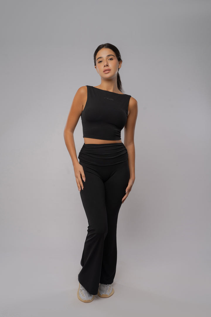Fold over Open-Back Crop Top Black