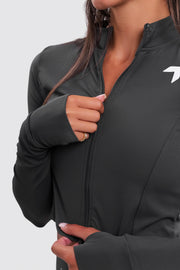 Split soft sculpt zip up Crop Long Sleeve Jacket Dark Gray