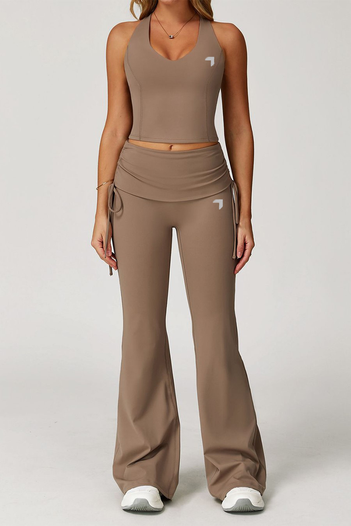 Aura Foldover Flared Leggings Beige