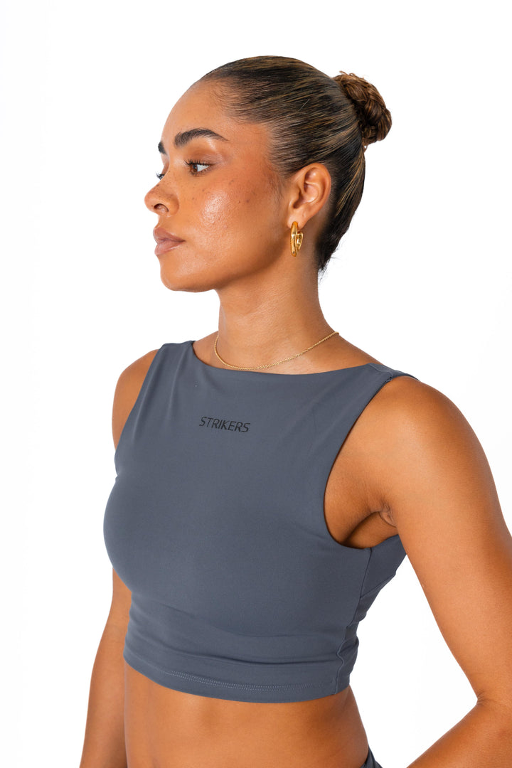 Fold over Open-Back Crop Top Grey