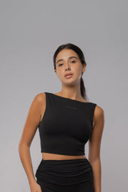 Foldover Open-Back Crop Top Black