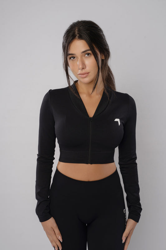 Split Flared Seamless cropped Track Jacket Black
