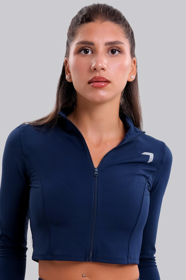 Split soft sculpt zip up crop Long Sleeve Jacket navy