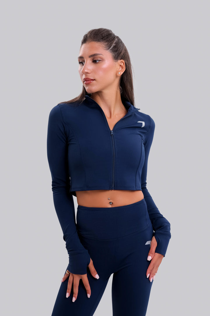Split soft sculpt zip up crop Long Sleeve Jacket navy