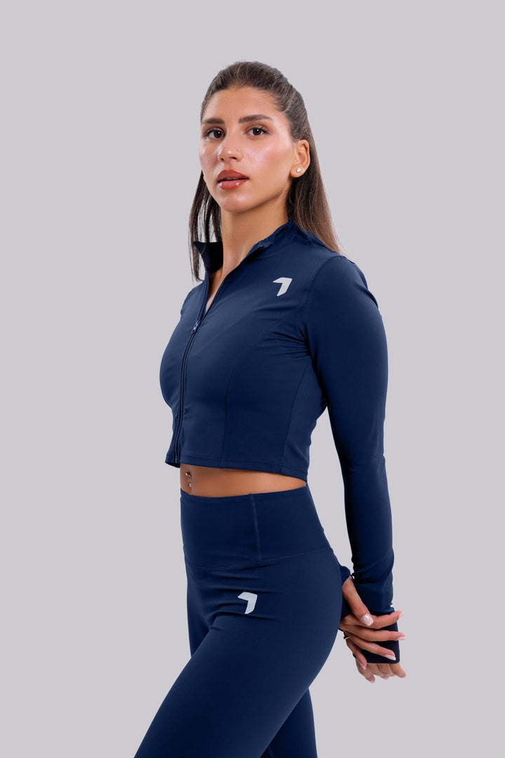 Split soft sculpt zip up crop Long Sleeve Jacket navy