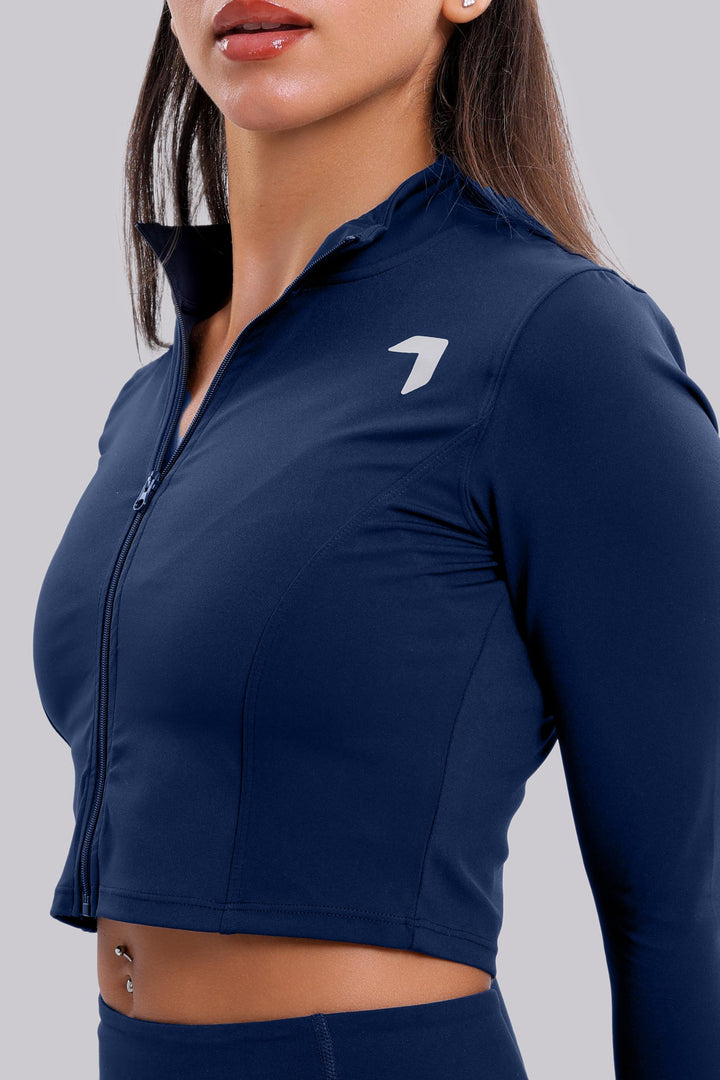 Split soft sculpt zip up crop Long Sleeve Jacket navy