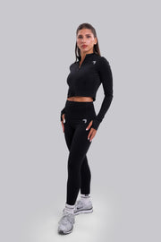 Split soft sculpt zip up Crop Long Sleeve Jacket Black