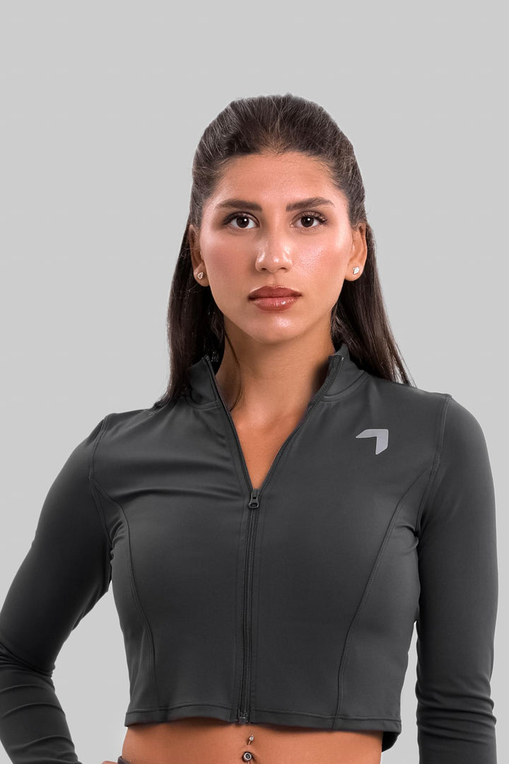 Split soft sculpt zip up
 Crop Long Sleeve Jacket Dark Gray