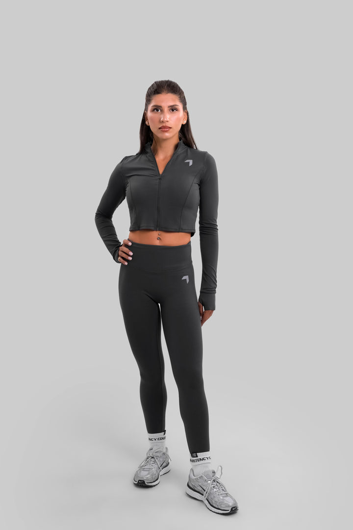 Split soft sculpt zip up
 Crop Long Sleeve Jacket Dark Gray