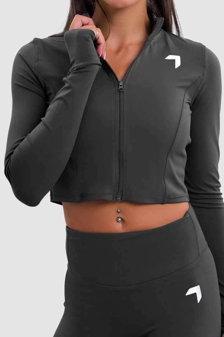Split soft sculpt zip up
 Crop Long Sleeve Jacket Dark Gray